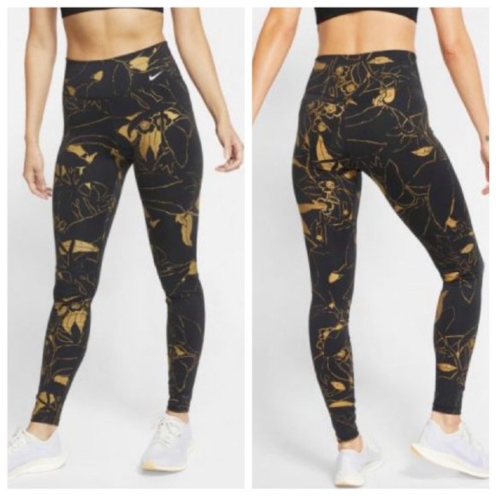 Nike Power Dri-FIT Floral High Waist Tights Leggings Black/Gold Size Small
